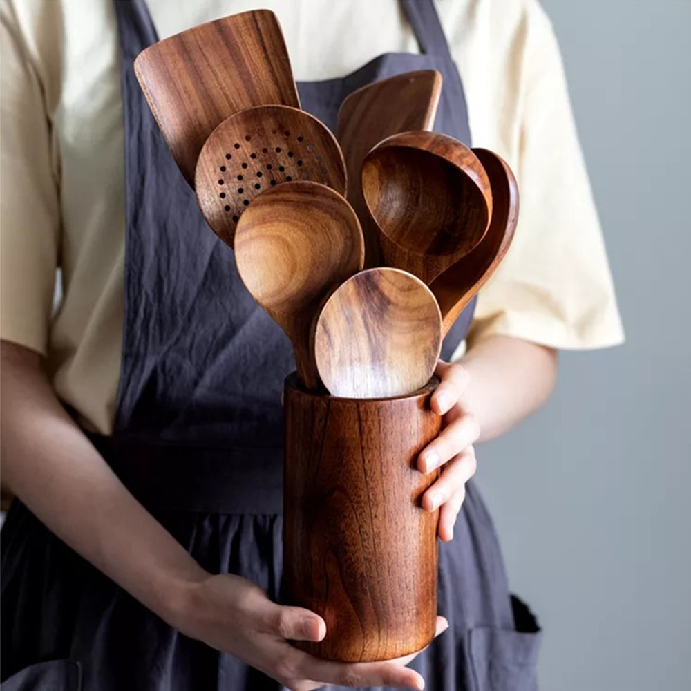 Teak Wood Kitchen Utensil Set - Wooden Cooking Tools for the Kitchen