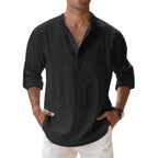 Leinen Baumwoll Henley Hemd - Langarm Freizeithemd