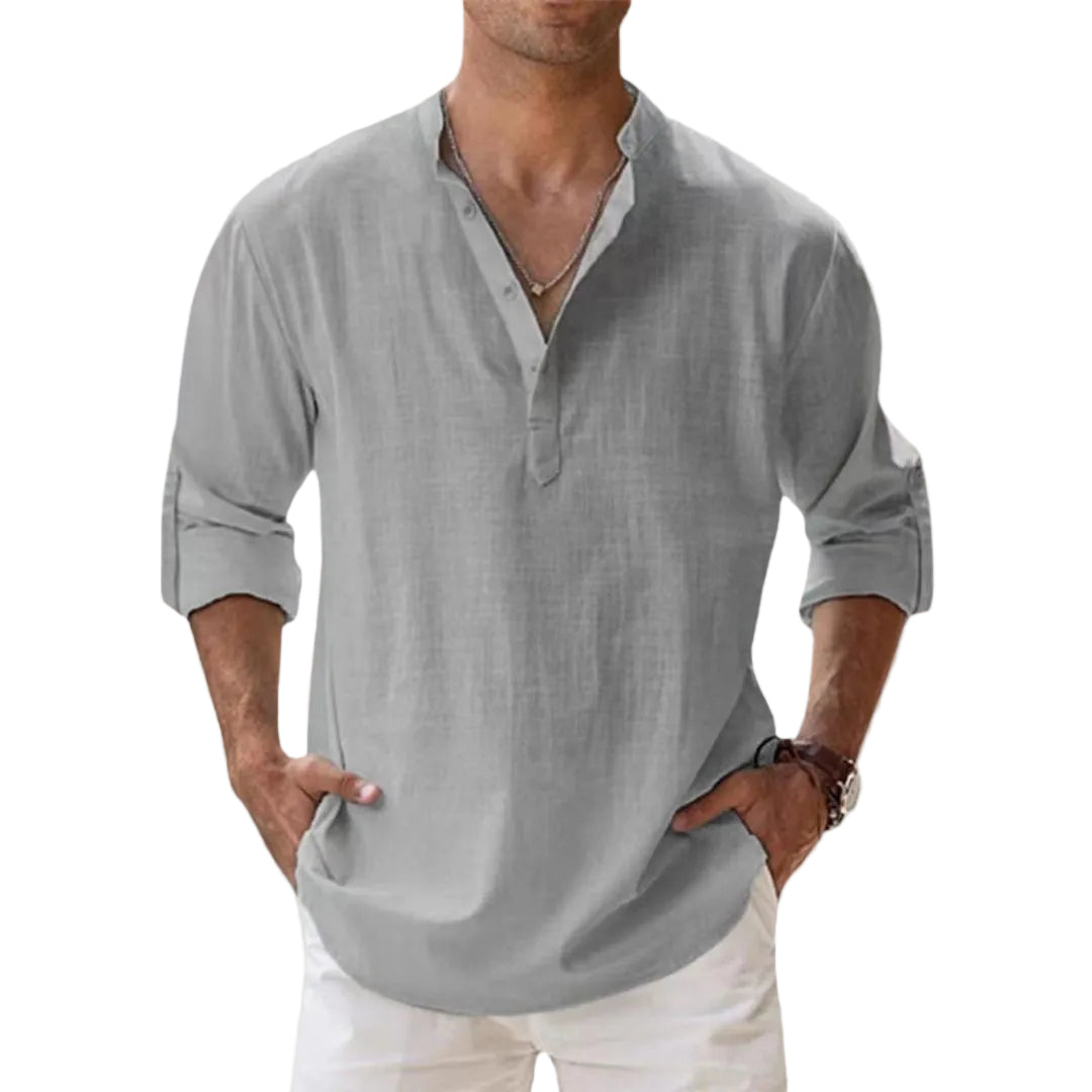 Leinen Baumwoll Henley Hemd - Langarm Freizeithemd