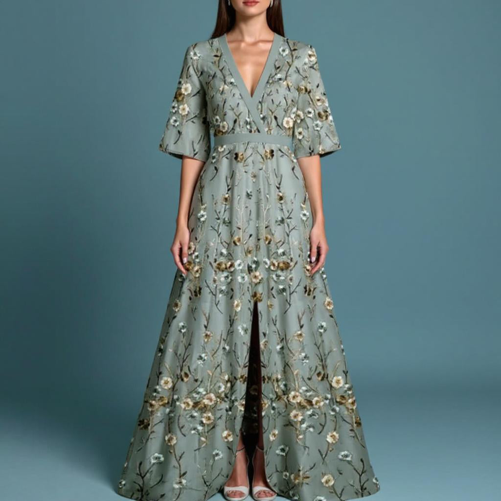 Floral V-neck A-line maxi dress - boho maxi dress