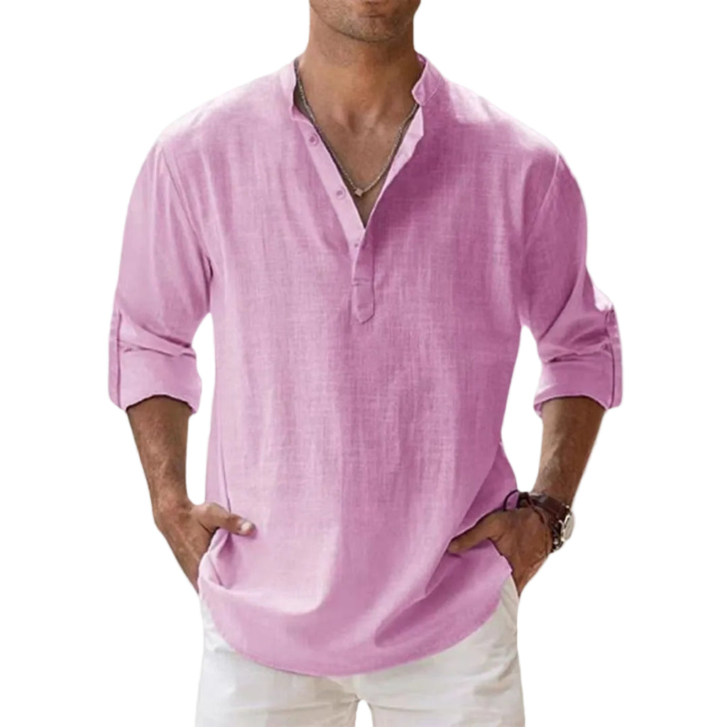 Leinen Baumwoll Henley Hemd - Langarm Freizeithemd