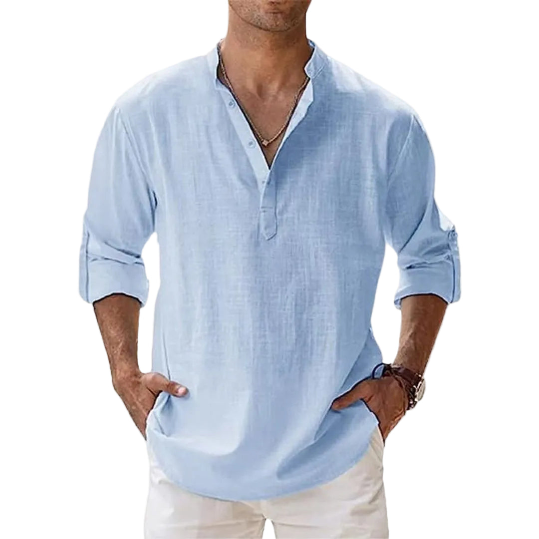 Leinen Baumwoll Henley Hemd - Langarm Freizeithemd