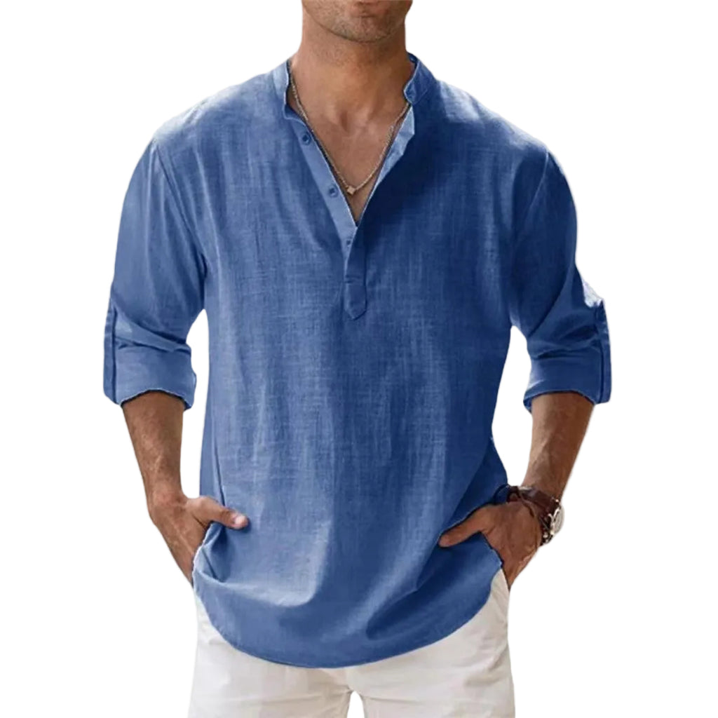 Leinen Baumwoll Henley Hemd - Langarm Freizeithemd