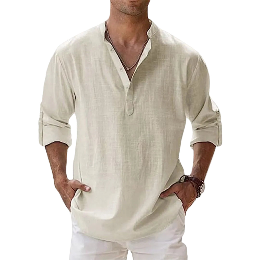Leinen Baumwoll Henley Hemd - Langarm Freizeithemd