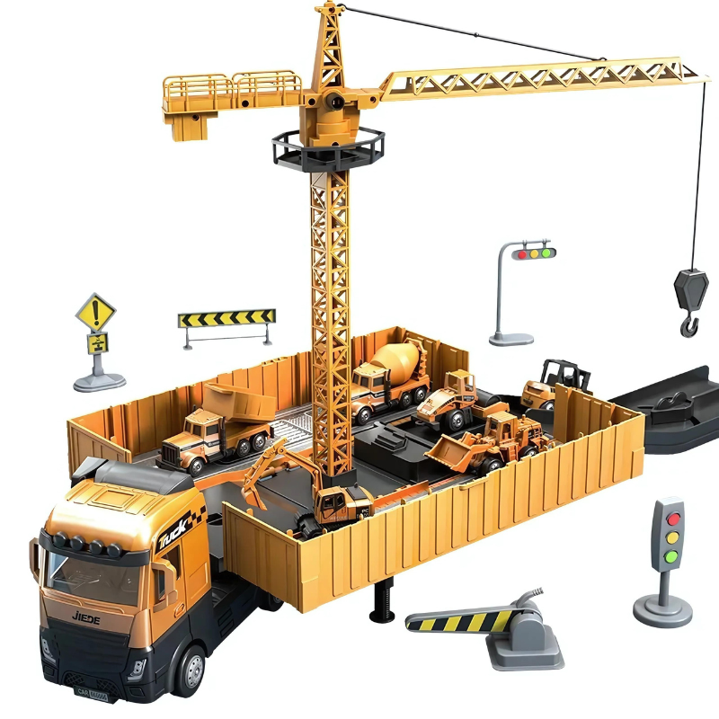 Construction site truck playset - transporter with crane and construction vehicles