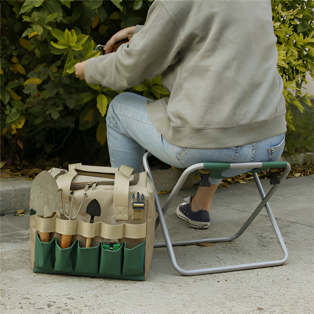 Foldable garden stool - metal garden seat with tool pouch