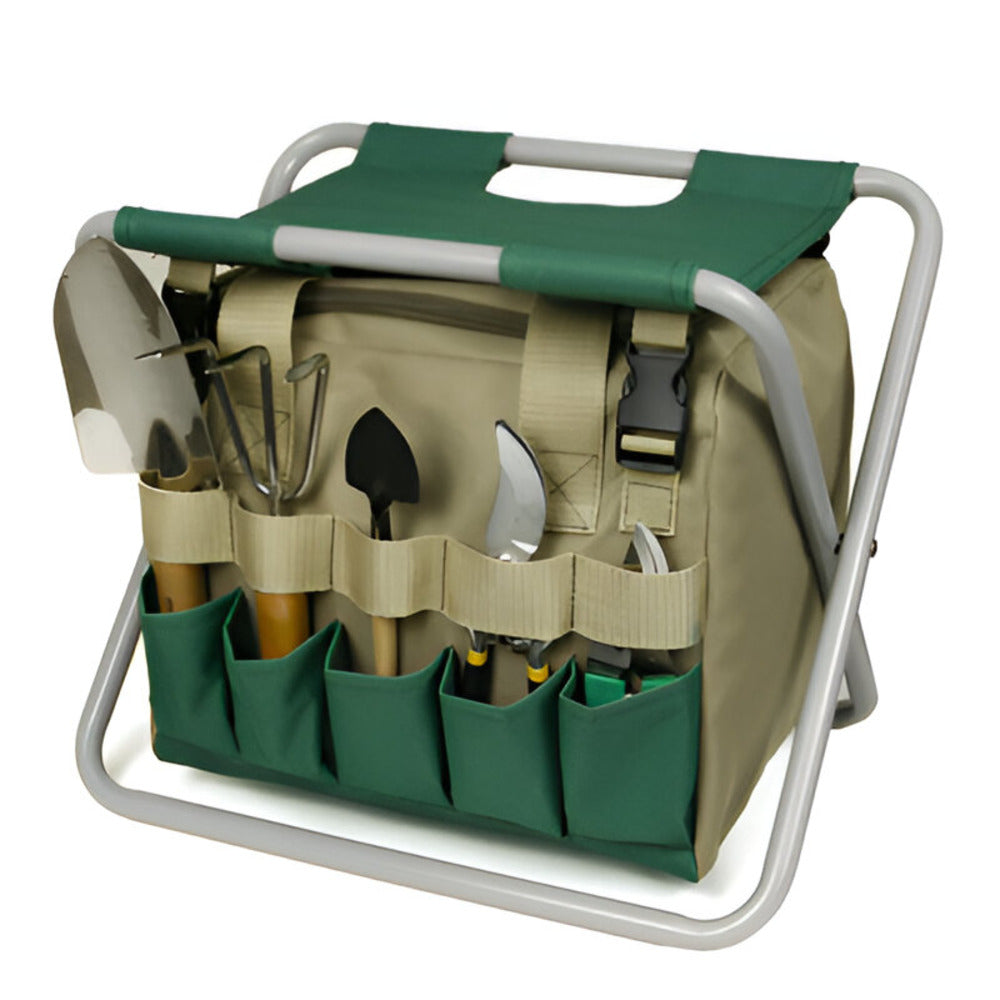 Foldable garden stool - metal garden seat with tool pouch