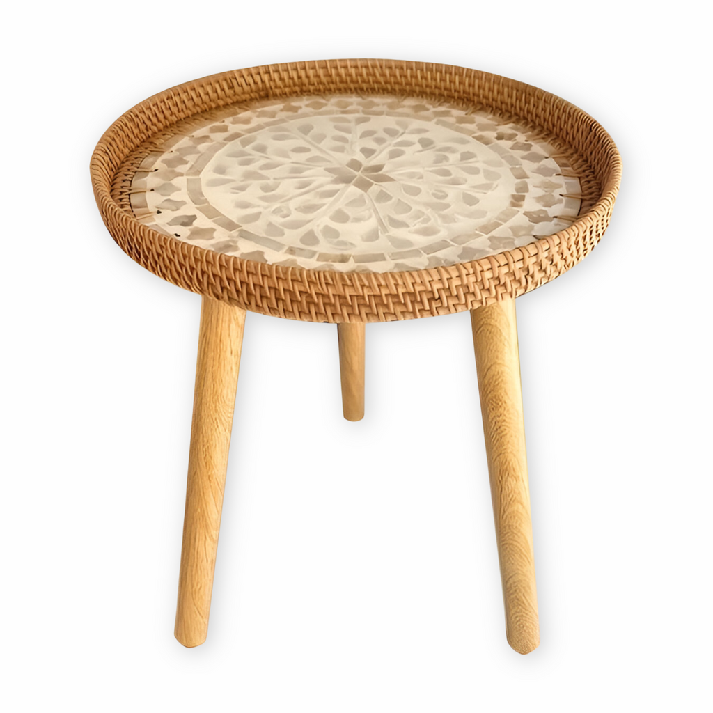 Runder Rattan Couchtisch - Naturfarbener Beistelltisch
