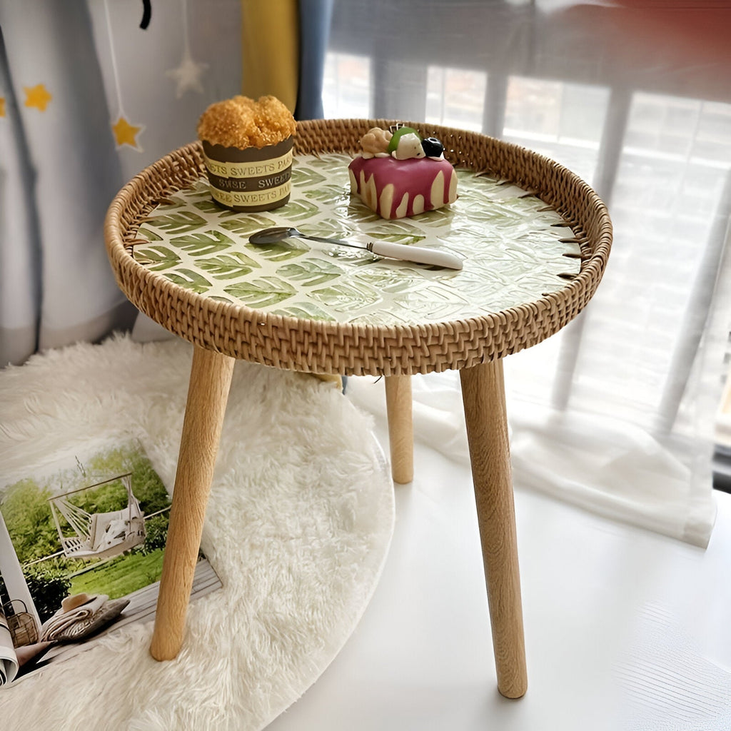 Runder Rattan Couchtisch - Naturfarbener Beistelltisch