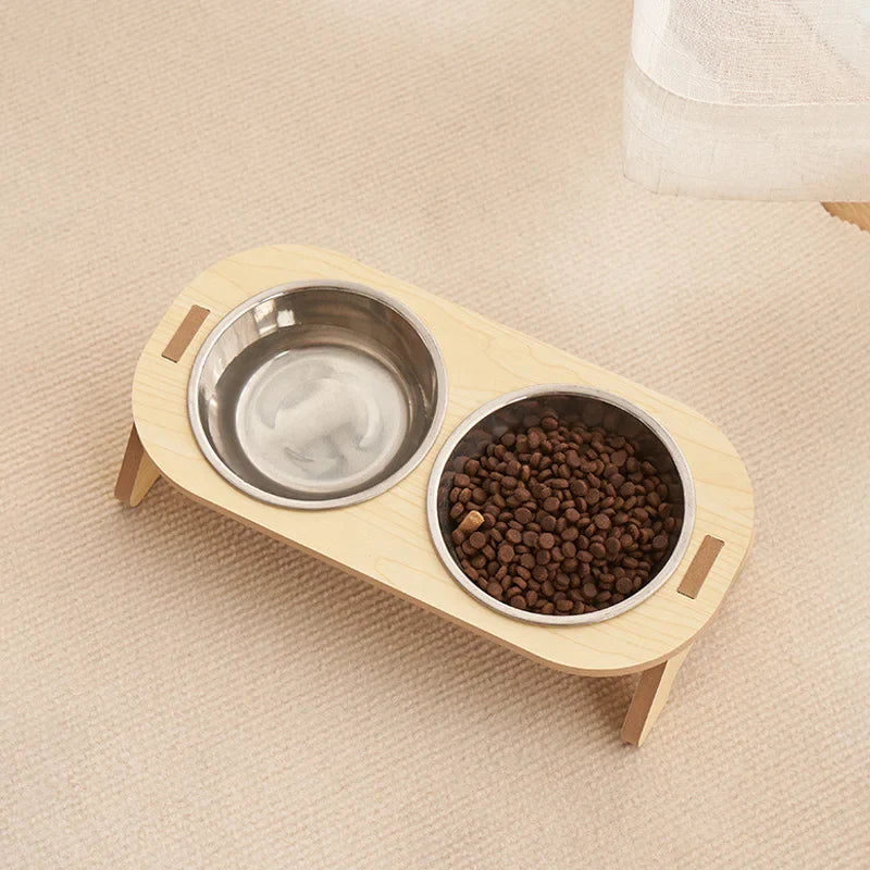 Adjustable Bamboo Stainless Steel Dog Bowls - Elevated Feeding Station for Cats and Dogs