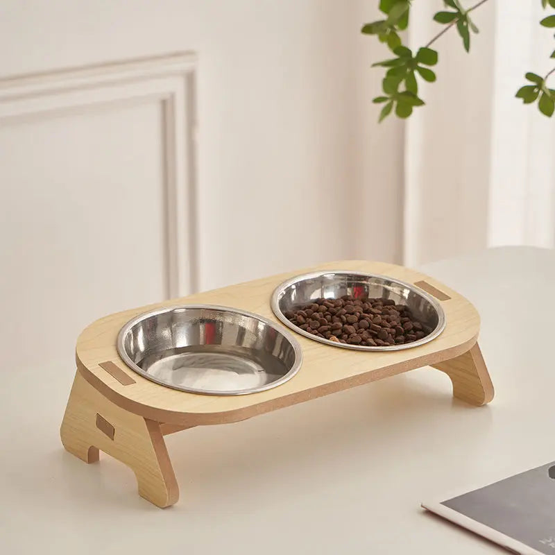 Adjustable Bamboo Stainless Steel Dog Bowls - Elevated Feeding Station for Cats and Dogs