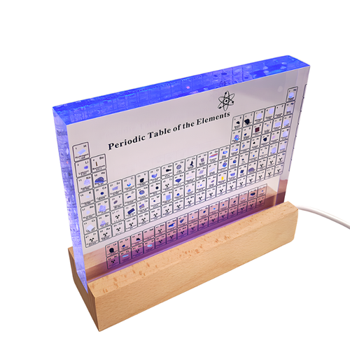 Acryl Periodensystem LED Schreibtischlampe - Dekorative Tischleuchte mit Holzsockel