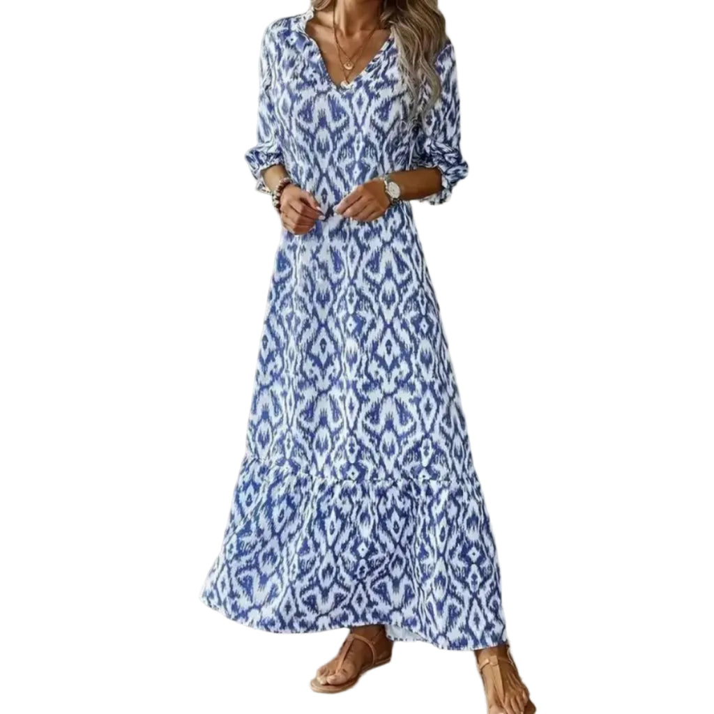 V-Ausschnitt Geometrisches Print Maxikleid - Locker Geschnittenes Knöchellanges Freizeitkleid