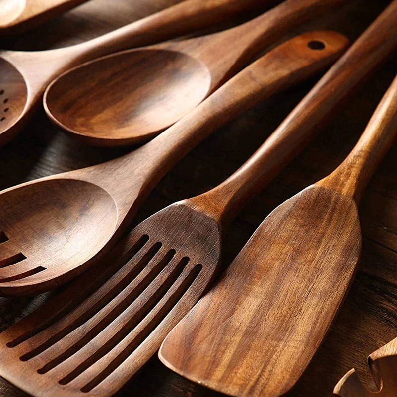 Teak Wood Kitchen Utensil Set - Wooden Cooking Tools for the Kitchen